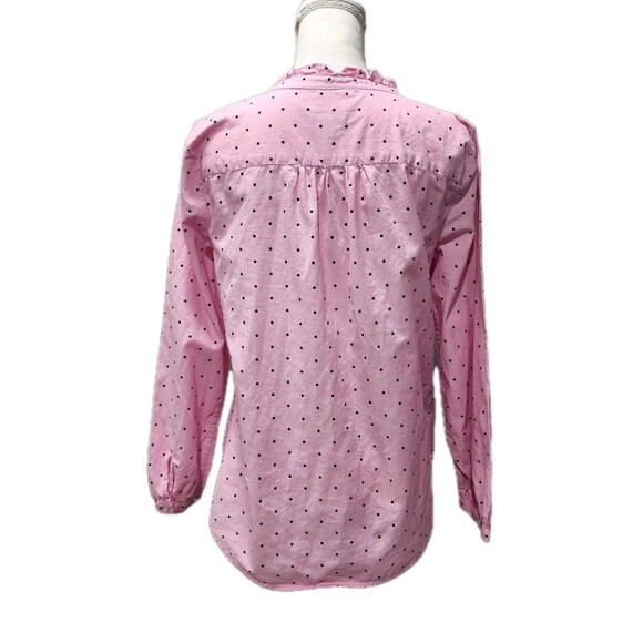 TALBOTS Pink Black Polka Dot 100% Cotton Ruffle Neck 1/2 Button Blouse Medium - Picture 3 of 9